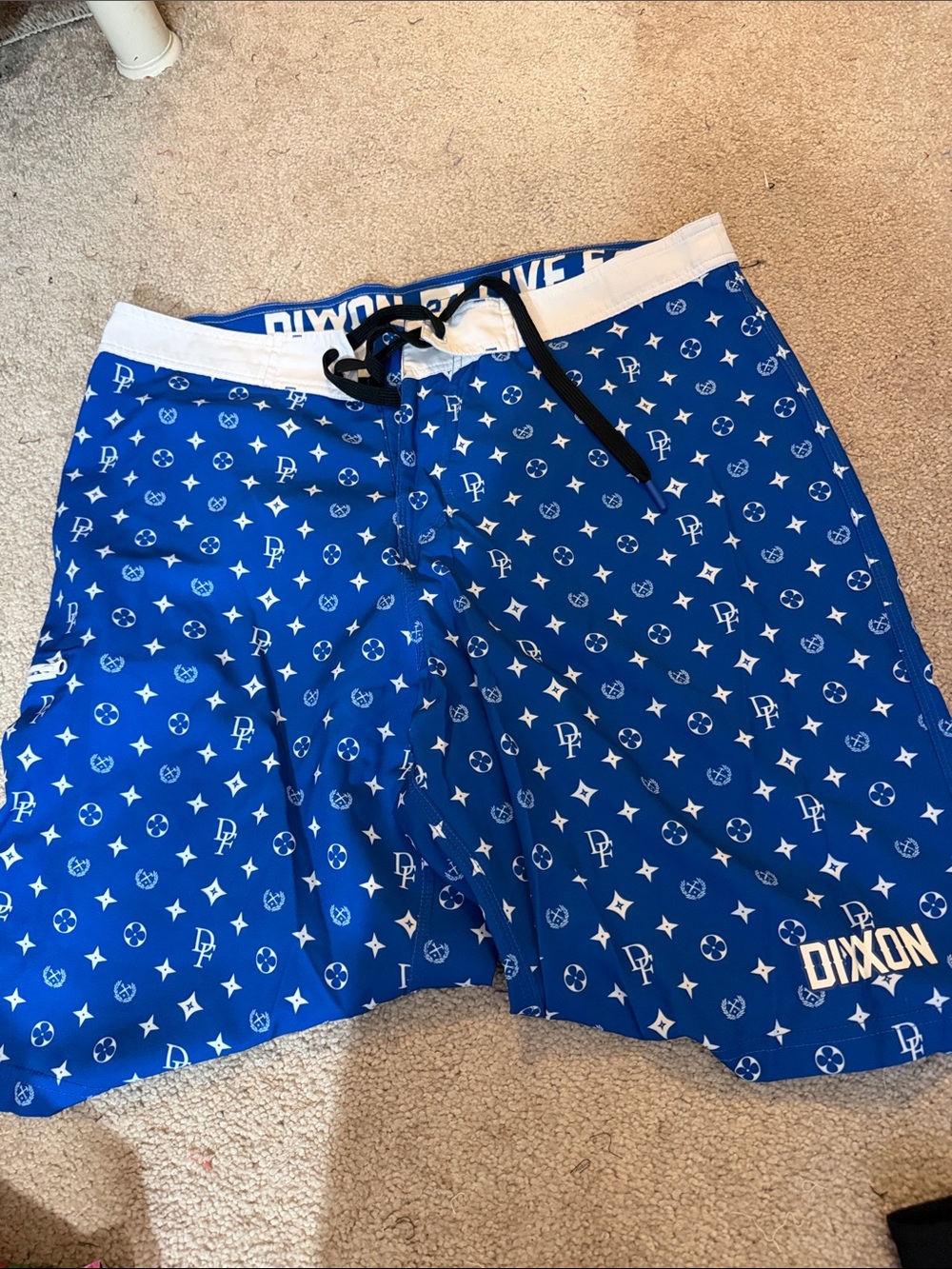 DIXXON Men’s Royal Blue Logo-Pattern Swim Board Shorts